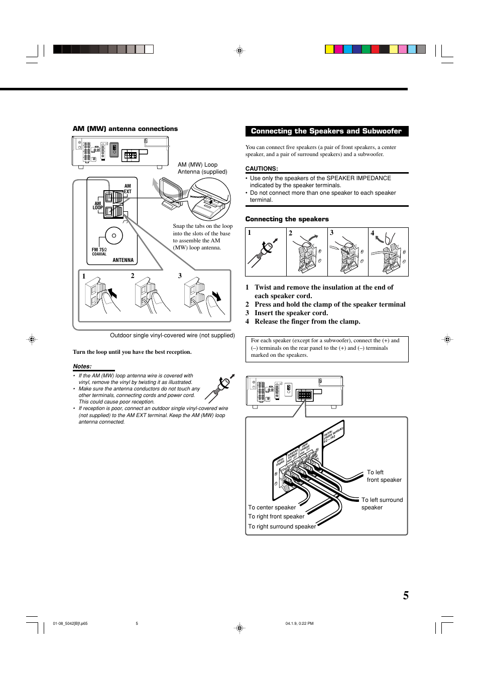 12 3 connecting the speakers and subwoofer, Am (mw) antenna connections, Connecting the speakers | JVC RX-5042S  EN User Manual | Page 9 / 40
