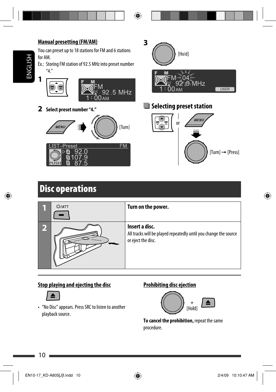 Disc operations, Selecting preset station | JVC CD Receiver KD-R800 User Manual | Page 10 / 151