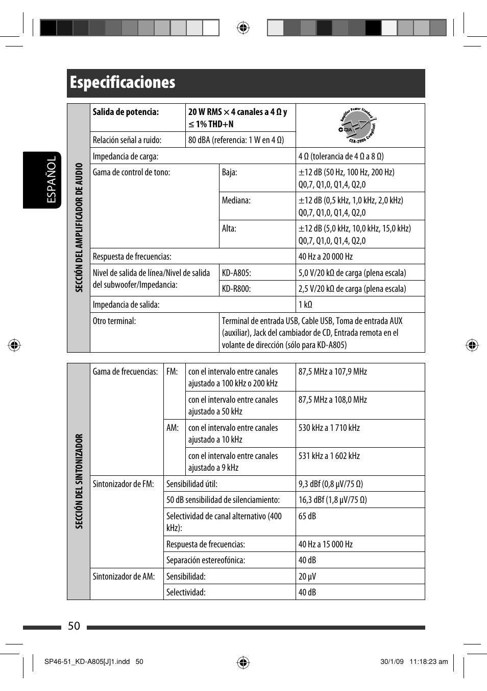 Especificaciones, 50 español | JVC CD Receiver KD-R800 User Manual | Page 100 / 151