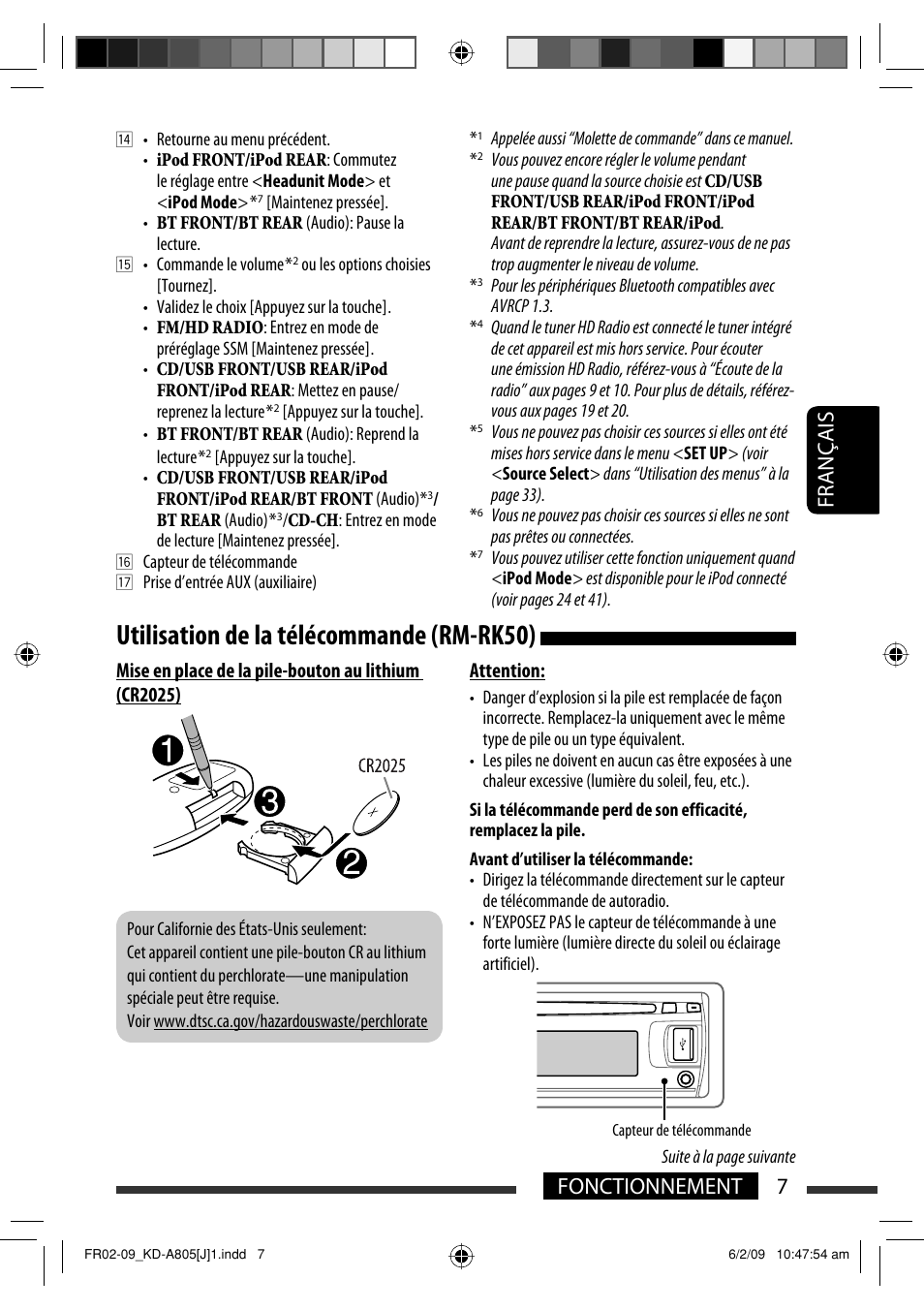 Utilisation de la télécommande (rm-rk50), 7fonctionnement français | JVC CD Receiver KD-R800 User Manual | Page 107 / 151