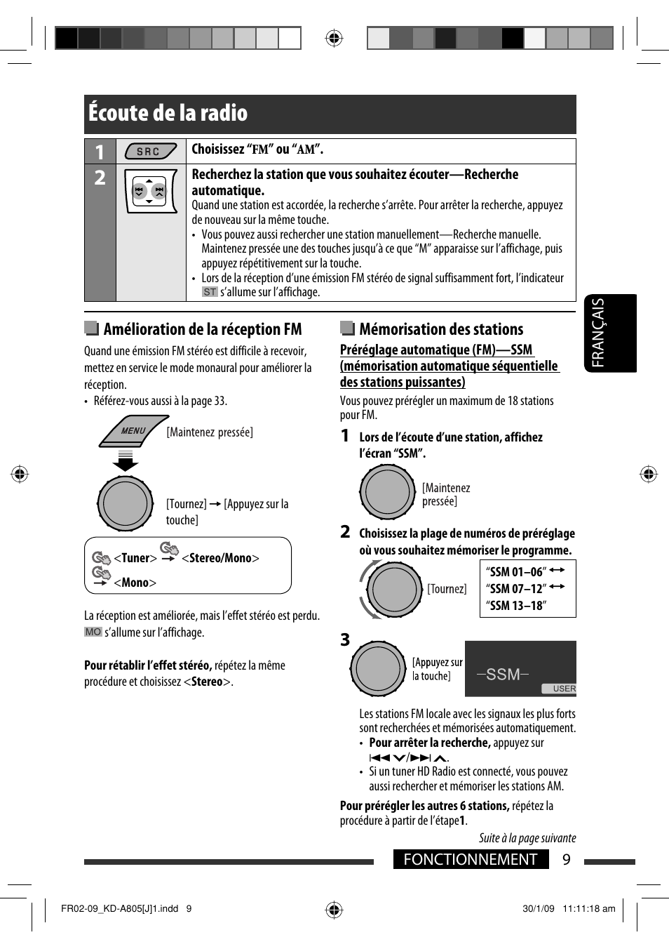 Écoute de la radio, Amélioration de la réception fm, Mémorisation des stations | JVC CD Receiver KD-R800 User Manual | Page 109 / 151