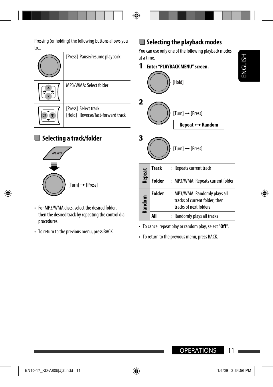 Selecting the playback modes, Selecting a track/folder, English 11 operations | JVC CD Receiver KD-R800 User Manual | Page 11 / 151
