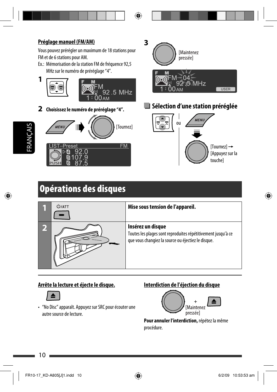 Opérations des disques, Sélection d’une station préréglée | JVC CD Receiver KD-R800 User Manual | Page 110 / 151