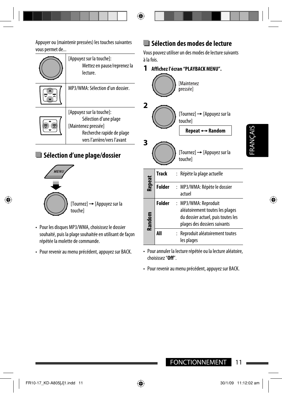 Sélection des modes de lecture, Sélection d’une plage/dossier, 11 français fonctionnement | JVC CD Receiver KD-R800 User Manual | Page 111 / 151