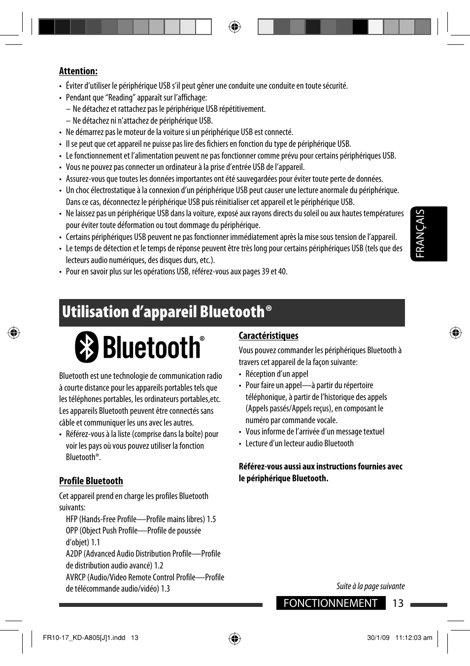 Utilisation d’appareil bluetooth, 13 français fonctionnement | JVC CD Receiver KD-R800 User Manual | Page 113 / 151