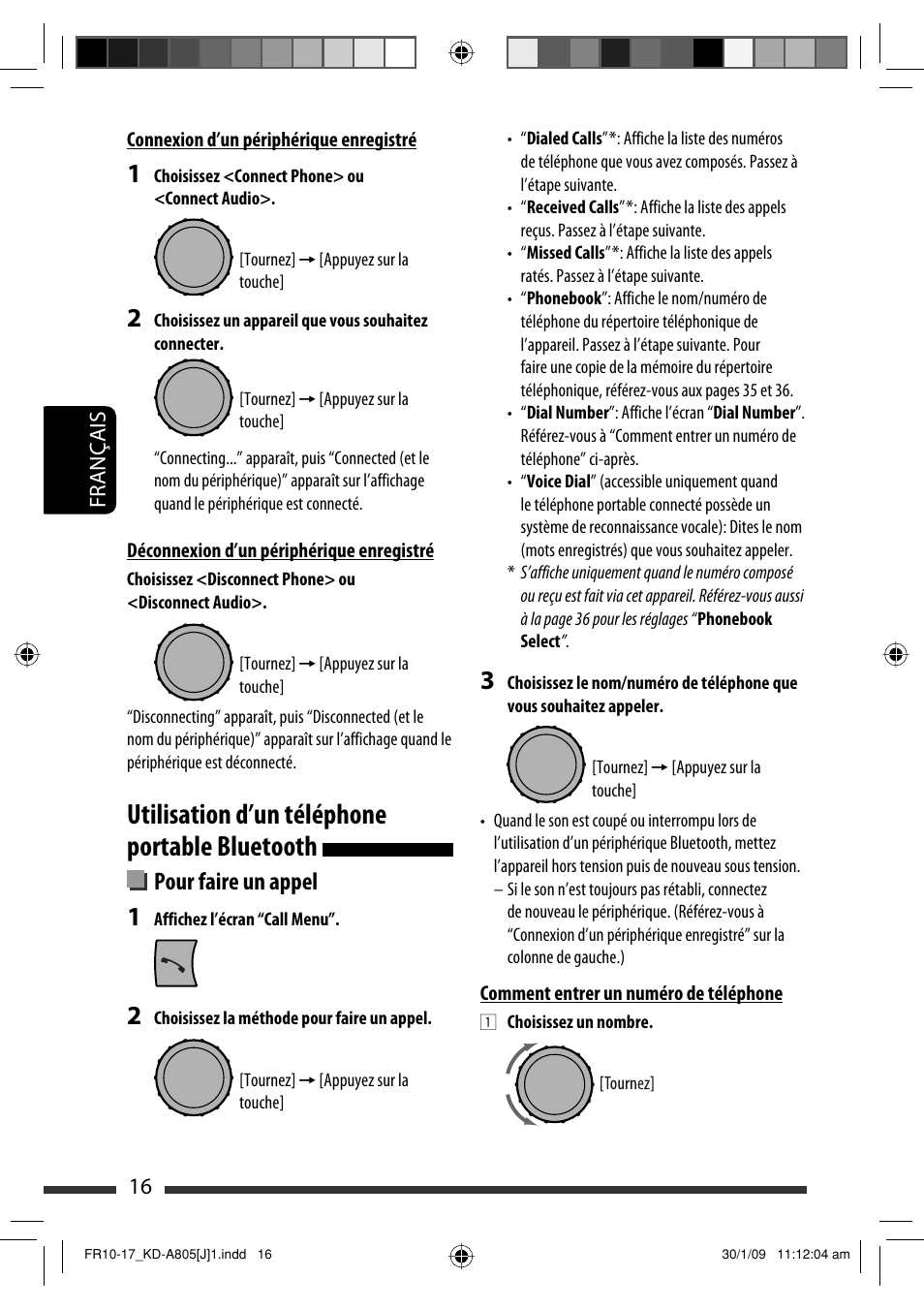 Utilisation d’un téléphone portable bluetooth, Pour faire un appel, 16 français | JVC CD Receiver KD-R800 User Manual | Page 116 / 151