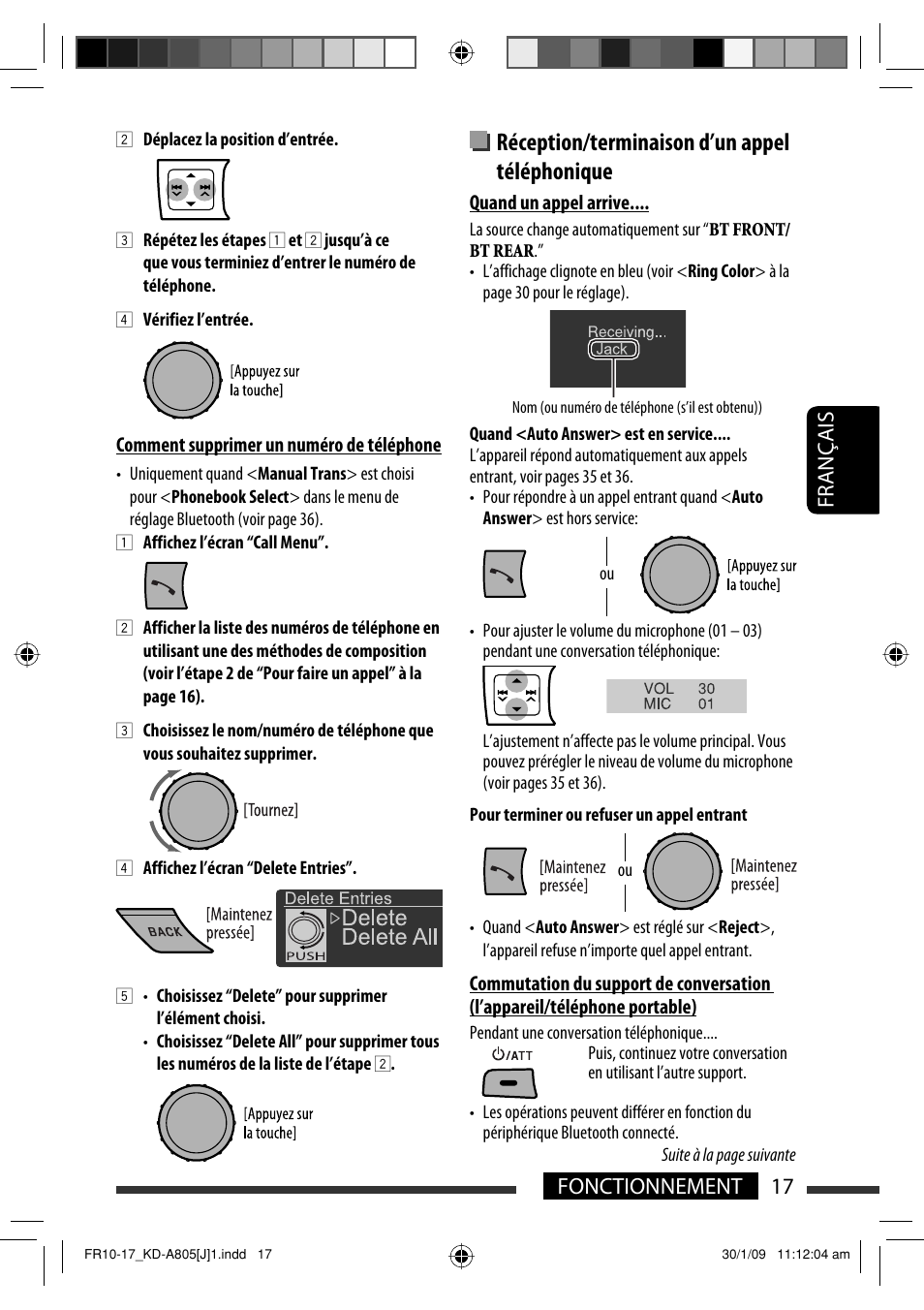 Réception/terminaison d’un appel téléphonique, 17 français fonctionnement | JVC CD Receiver KD-R800 User Manual | Page 117 / 151