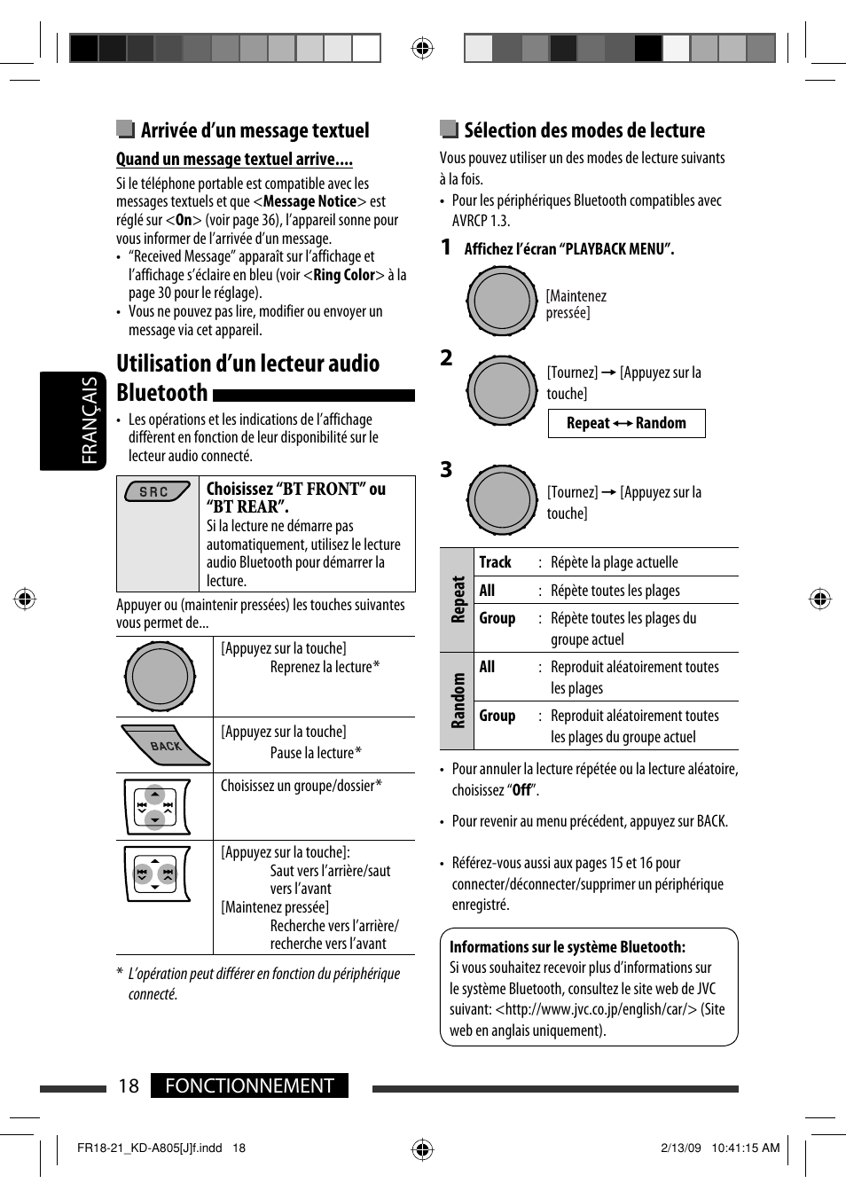 Utilisation d’un lecteur audio bluetooth, Arrivée d’un message textuel, Sélection des modes de lecture | 18 français fonctionnement | JVC CD Receiver KD-R800 User Manual | Page 118 / 151
