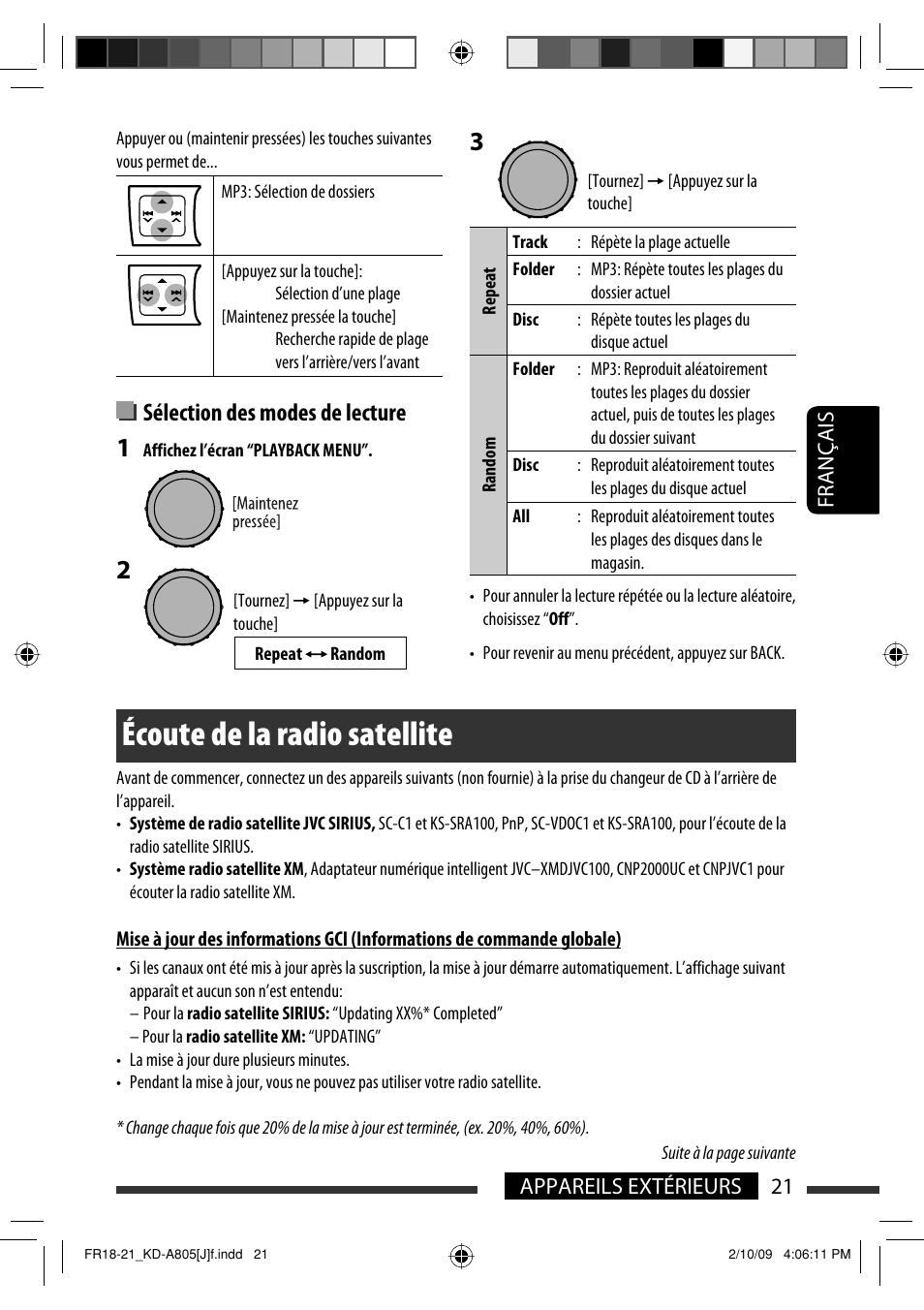 Écoute de la radio satellite, Sélection des modes de lecture, 21 appareils extérieurs français | JVC CD Receiver KD-R800 User Manual | Page 121 / 151