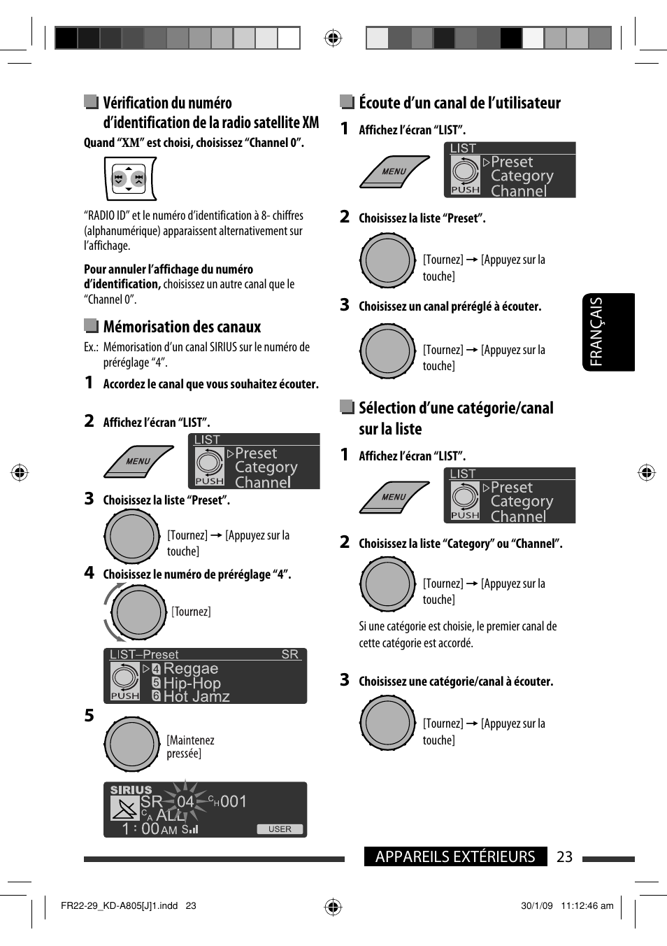 Écoute d’un canal de l’utilisateur, Sélection d’une catégorie/canal sur la liste, Mémorisation des canaux | JVC CD Receiver KD-R800 User Manual | Page 123 / 151
