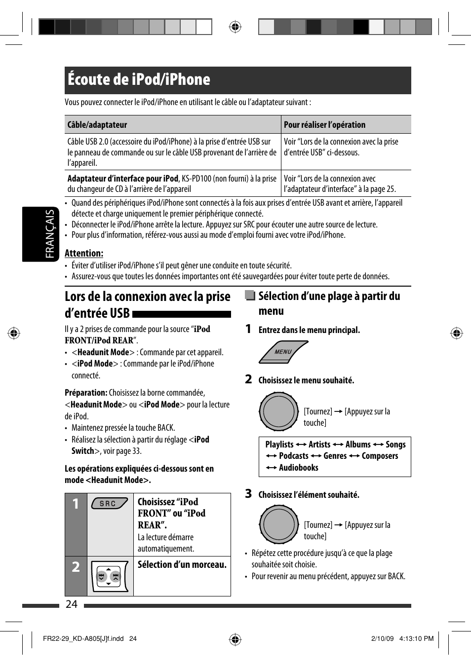 Écoute de ipod/iphone, Lors de la connexion avec la prise d’entrée usb, Sélection d’une plage à partir du menu | JVC CD Receiver KD-R800 User Manual | Page 124 / 151