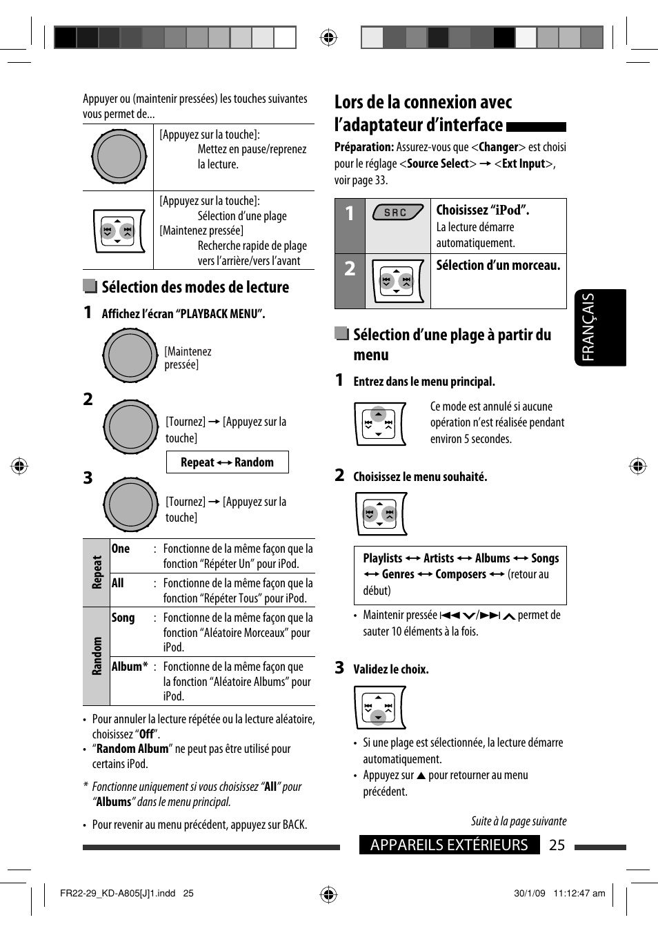Lors de la connexion avec l’adaptateur d’interface, Sélection des modes de lecture, Sélection d’une plage à partir du menu | JVC CD Receiver KD-R800 User Manual | Page 125 / 151