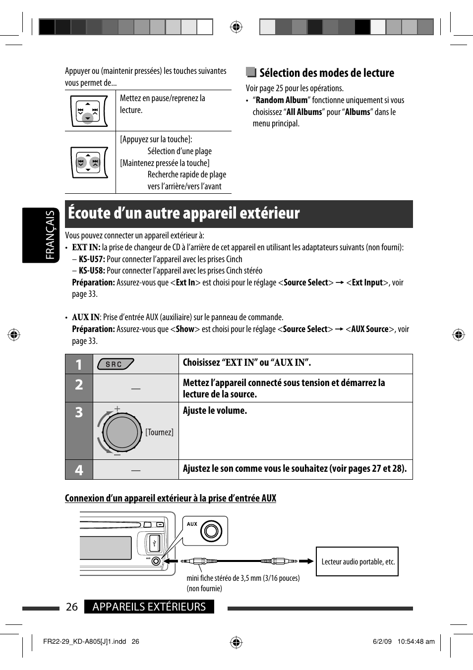 Écoute d’un autre appareil extérieur, Sélection des modes de lecture | JVC CD Receiver KD-R800 User Manual | Page 126 / 151