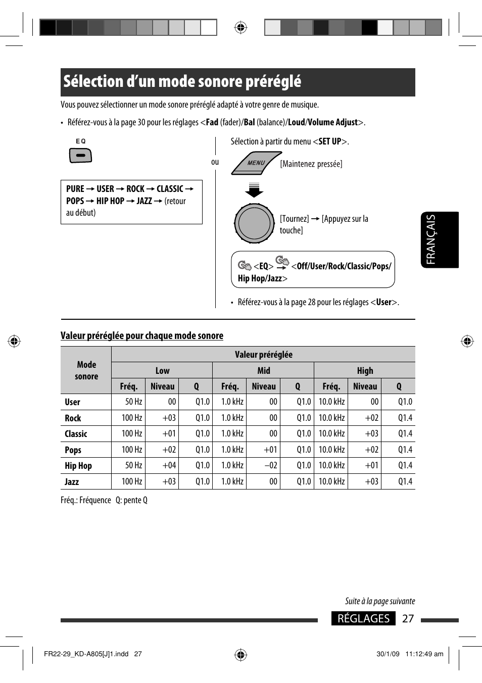 Sélection d’un mode sonore préréglé, 27 réglages français | JVC CD Receiver KD-R800 User Manual | Page 127 / 151