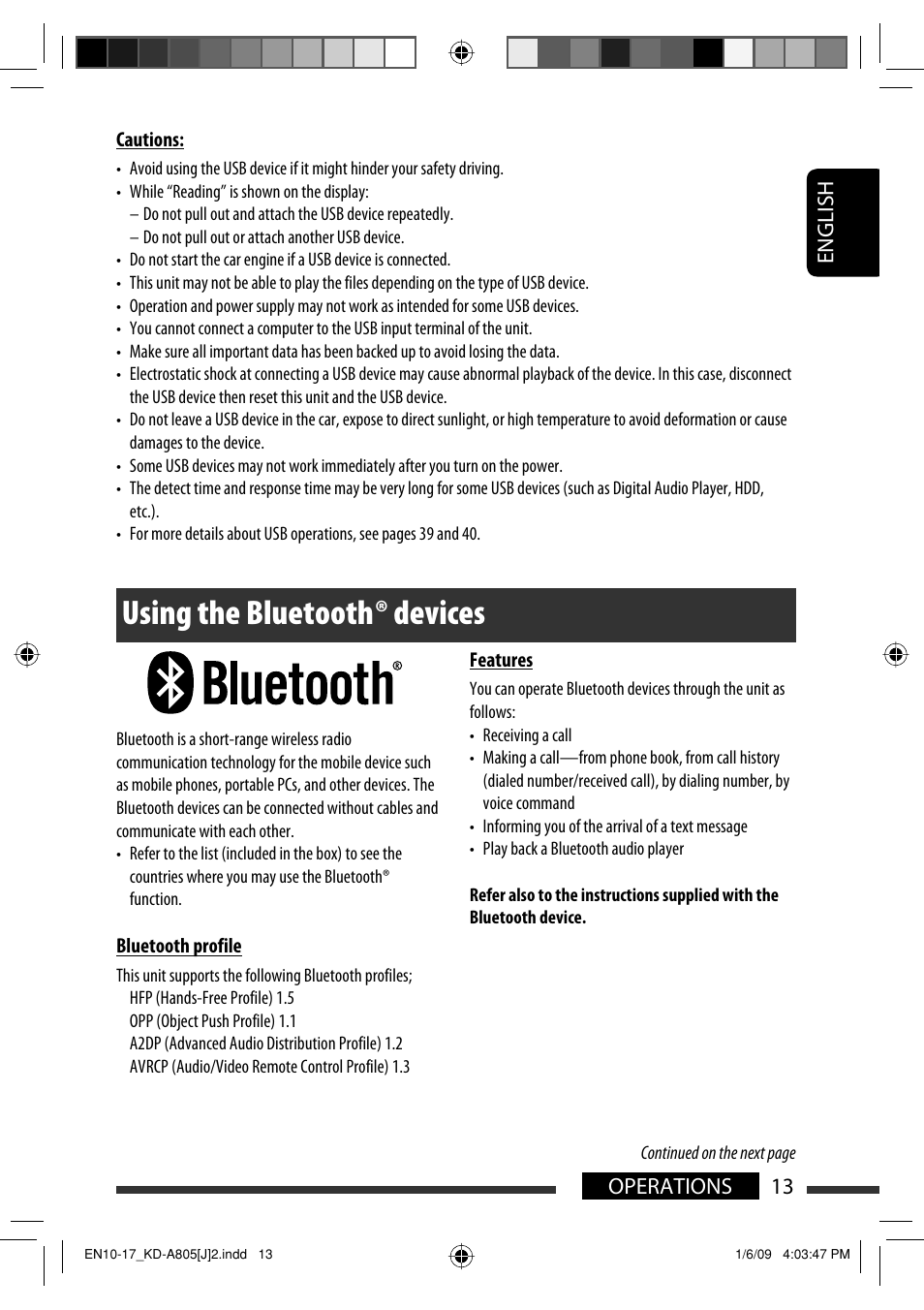 Using the bluetooth ® devices, English 13 operations | JVC CD Receiver KD-R800 User Manual | Page 13 / 151