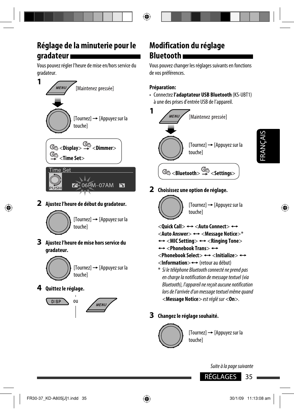 Réglage de la minuterie pour le gradateur, Modification du réglage bluetooth, 35 réglages français | JVC CD Receiver KD-R800 User Manual | Page 135 / 151
