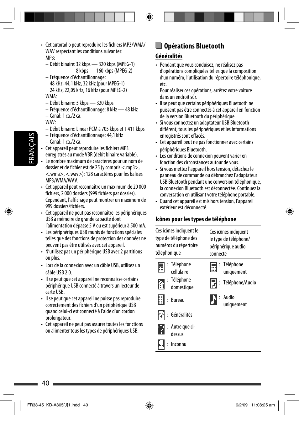 Opérations bluetooth, 40 français | JVC CD Receiver KD-R800 User Manual | Page 140 / 151