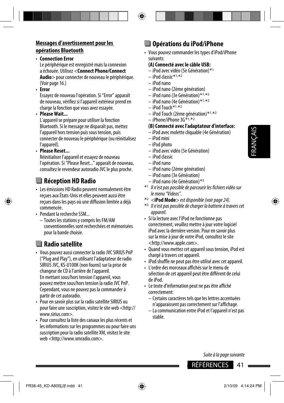 Réception hd radio, Radio satellite, Opérations du ipod/iphone | 41 références français | JVC CD Receiver KD-R800 User Manual | Page 141 / 151