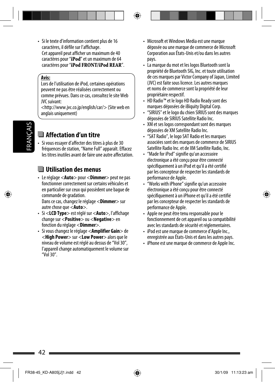 Affectation d’un titre, Utilisation des menus, 42 français | JVC CD Receiver KD-R800 User Manual | Page 142 / 151