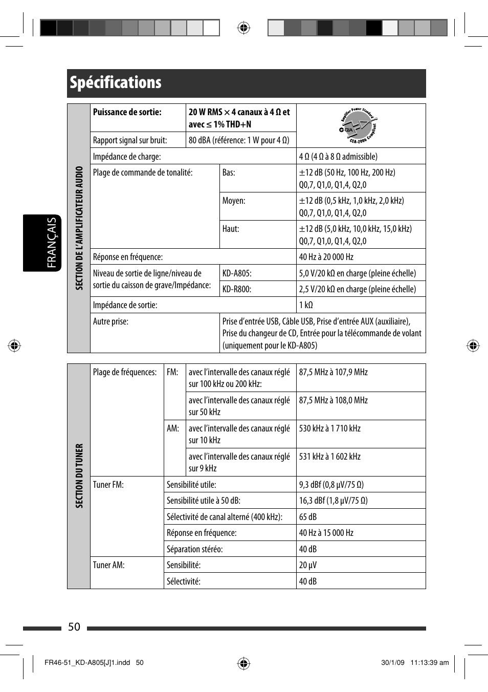 Spécifications, 50 français | JVC CD Receiver KD-R800 User Manual | Page 150 / 151