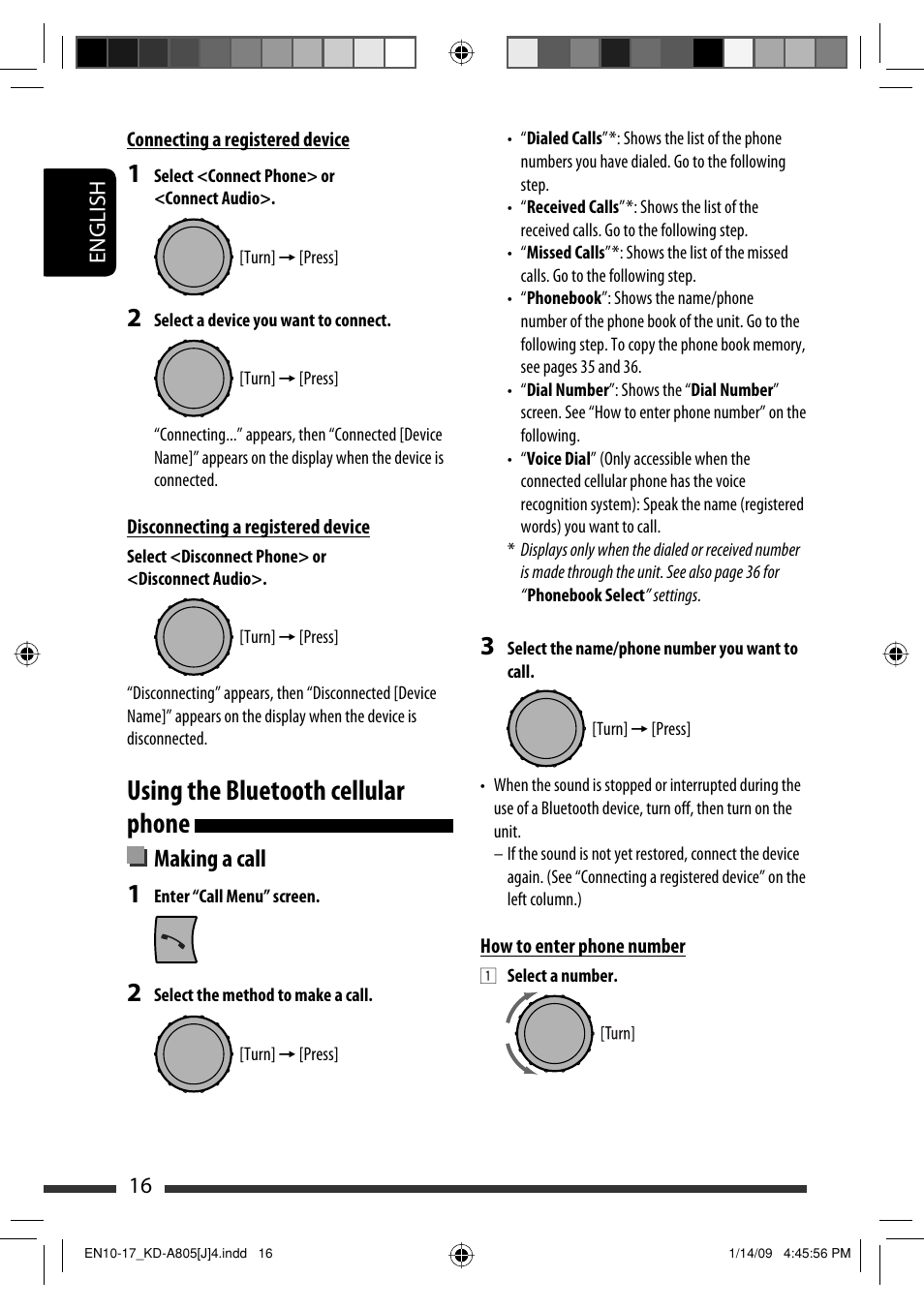 Using the bluetooth cellular phone, Making a call, English 16 | JVC CD Receiver KD-R800 User Manual | Page 16 / 151