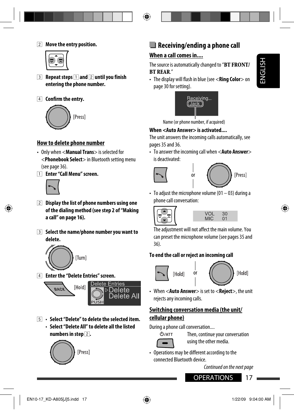 Receiving/ending a phone call, English 17 operations | JVC CD Receiver KD-R800 User Manual | Page 17 / 151