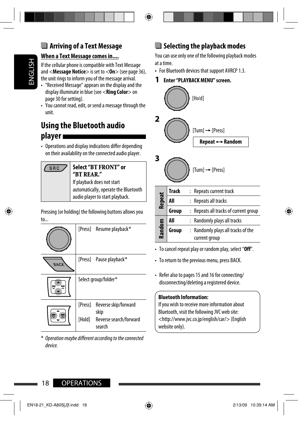 Using the bluetooth audio player, Arriving of a text message, Selecting the playback modes | English 18 operations | JVC CD Receiver KD-R800 User Manual | Page 18 / 151