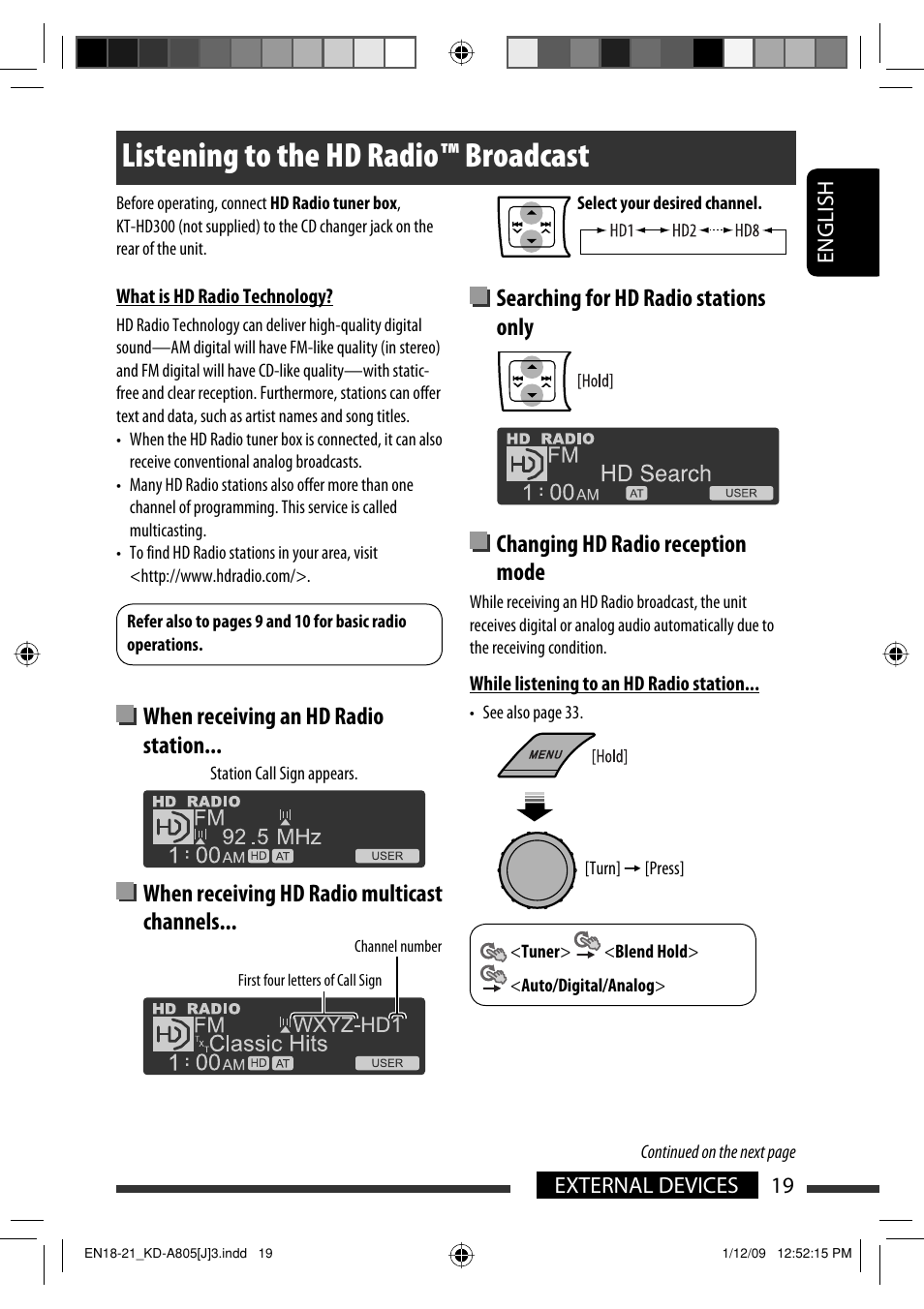 Listening to the hd radio ™ broadcast | JVC CD Receiver KD-R800 User Manual | Page 19 / 151