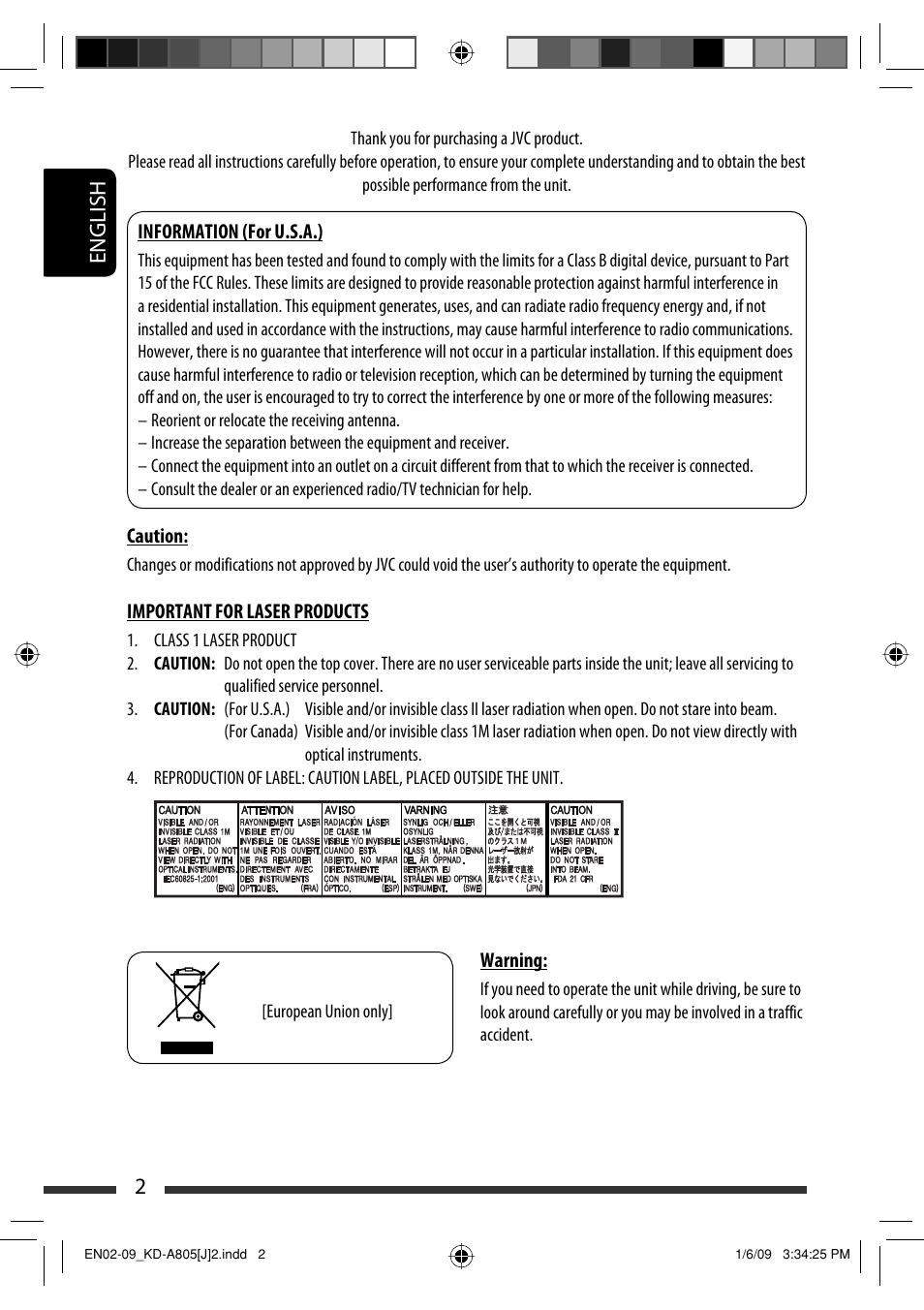 English 2 | JVC CD Receiver KD-R800 User Manual | Page 2 / 151