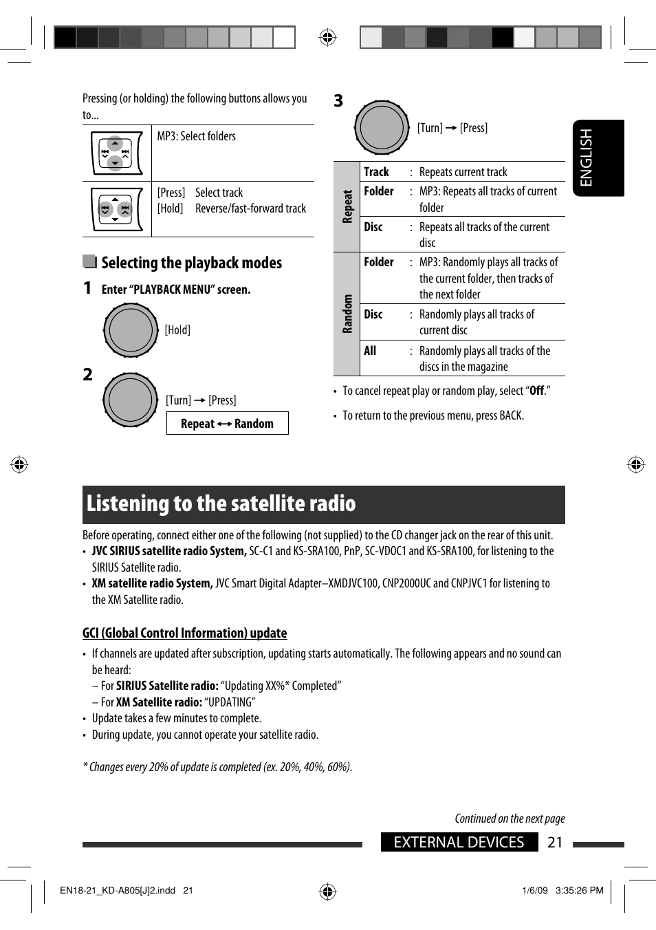 Listening to the satellite radio, Selecting the playback modes, English 21 external devices | JVC CD Receiver KD-R800 User Manual | Page 21 / 151