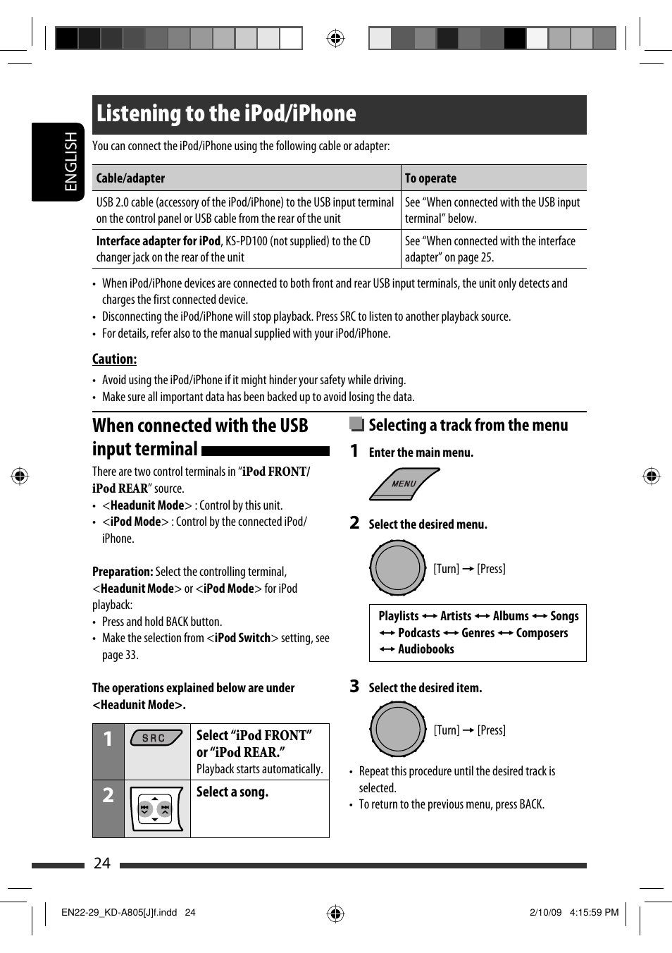 Listening to the ipod/iphone, When connected with the usb input terminal, Selecting a track from the menu | JVC CD Receiver KD-R800 User Manual | Page 24 / 151