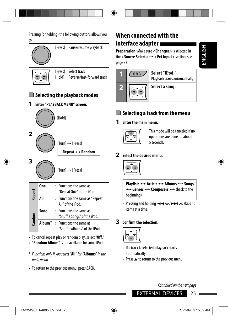 When connected with the interface adapter, Selecting the playback modes, Selecting a track from the menu | JVC CD Receiver KD-R800 User Manual | Page 25 / 151
