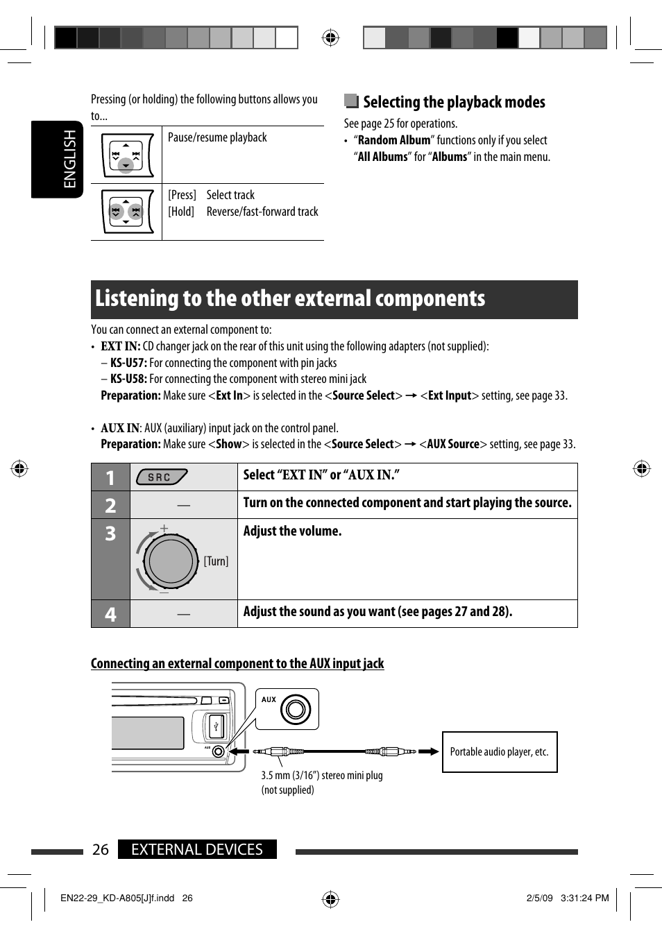 Listening to the other external components, Selecting the playback modes | JVC CD Receiver KD-R800 User Manual | Page 26 / 151