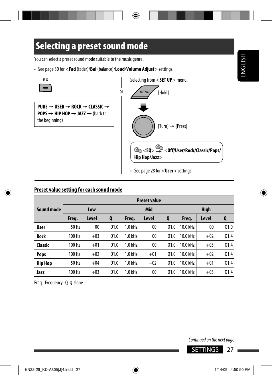 Selecting a preset sound mode, English 27 settings | JVC CD Receiver KD-R800 User Manual | Page 27 / 151