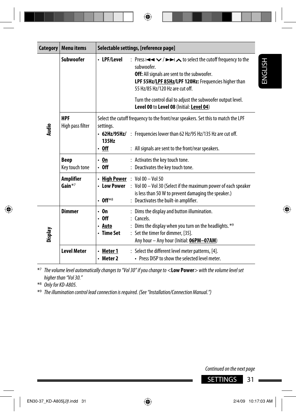 English 31 settings | JVC CD Receiver KD-R800 User Manual | Page 31 / 151