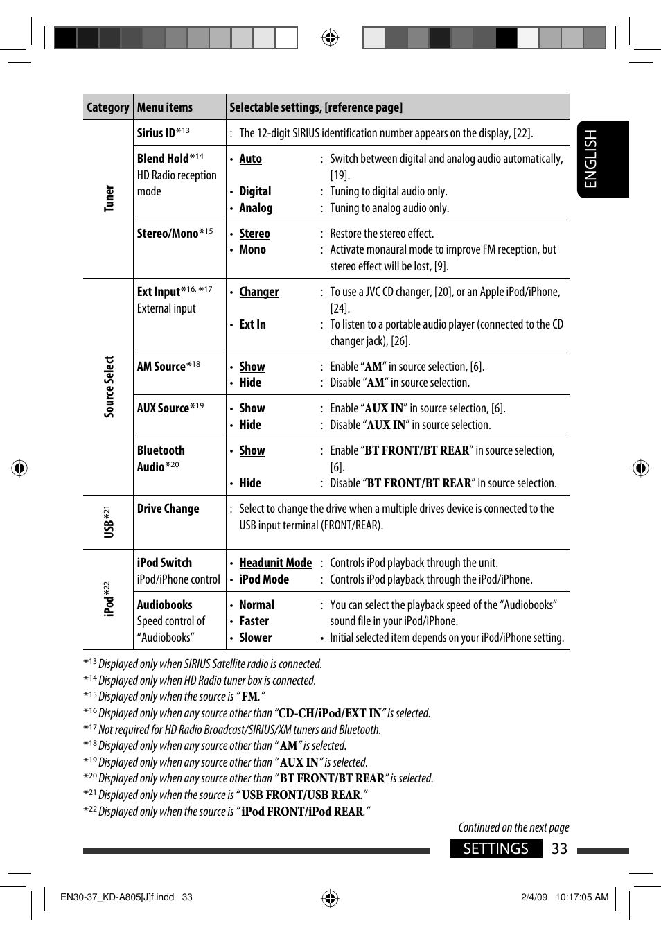 English 33 settings | JVC CD Receiver KD-R800 User Manual | Page 33 / 151