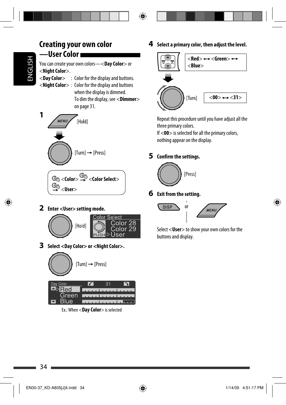 Creating your own color —user color | JVC CD Receiver KD-R800 User Manual | Page 34 / 151