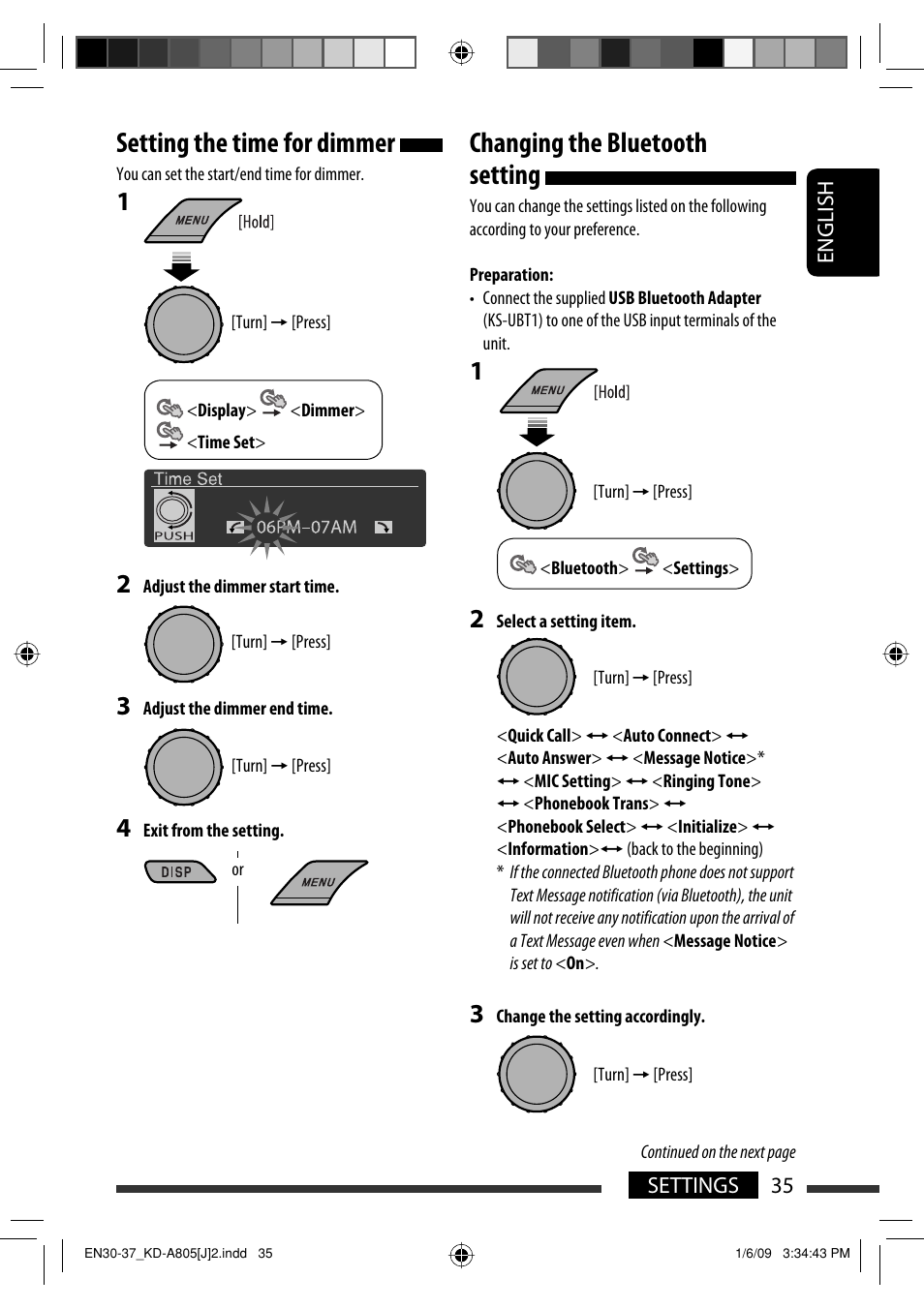 Setting the time for dimmer, Changing the bluetooth setting, English 35 settings | JVC CD Receiver KD-R800 User Manual | Page 35 / 151