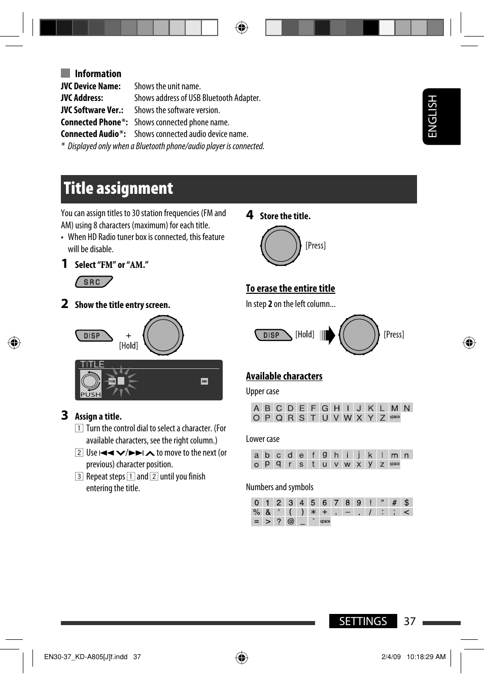 Title assignment, English 37 settings | JVC CD Receiver KD-R800 User Manual | Page 37 / 151