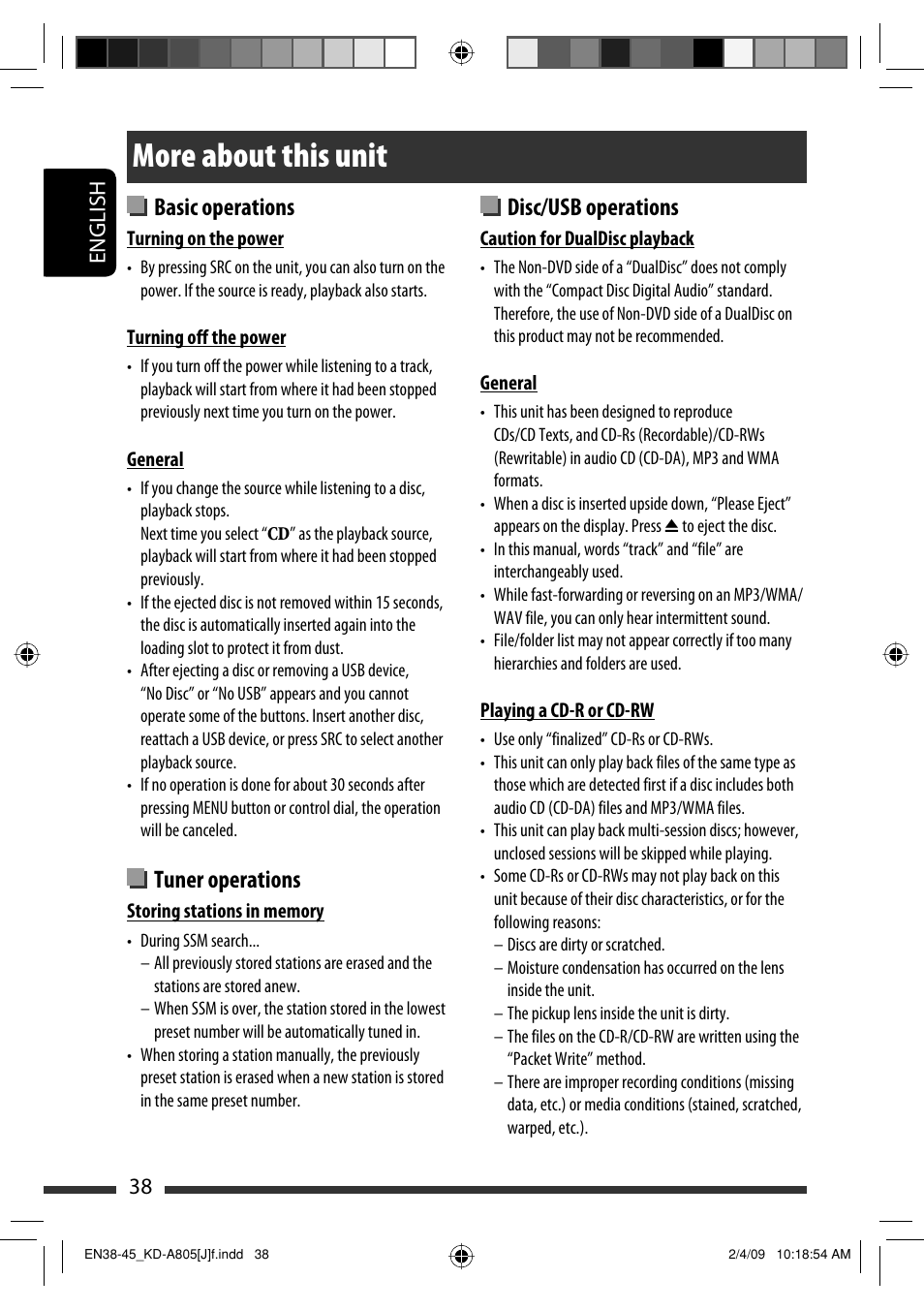 More about this unit, Disc/usb operations, Basic operations | Tuner operations, English 38 | JVC CD Receiver KD-R800 User Manual | Page 38 / 151
