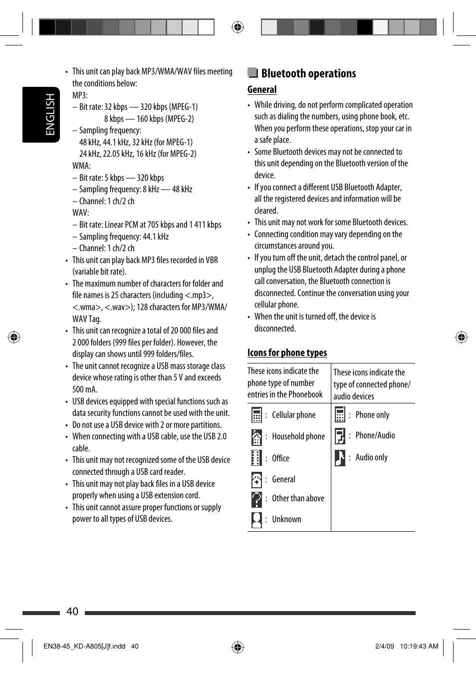 Bluetooth operations, English 40 | JVC CD Receiver KD-R800 User Manual | Page 40 / 151