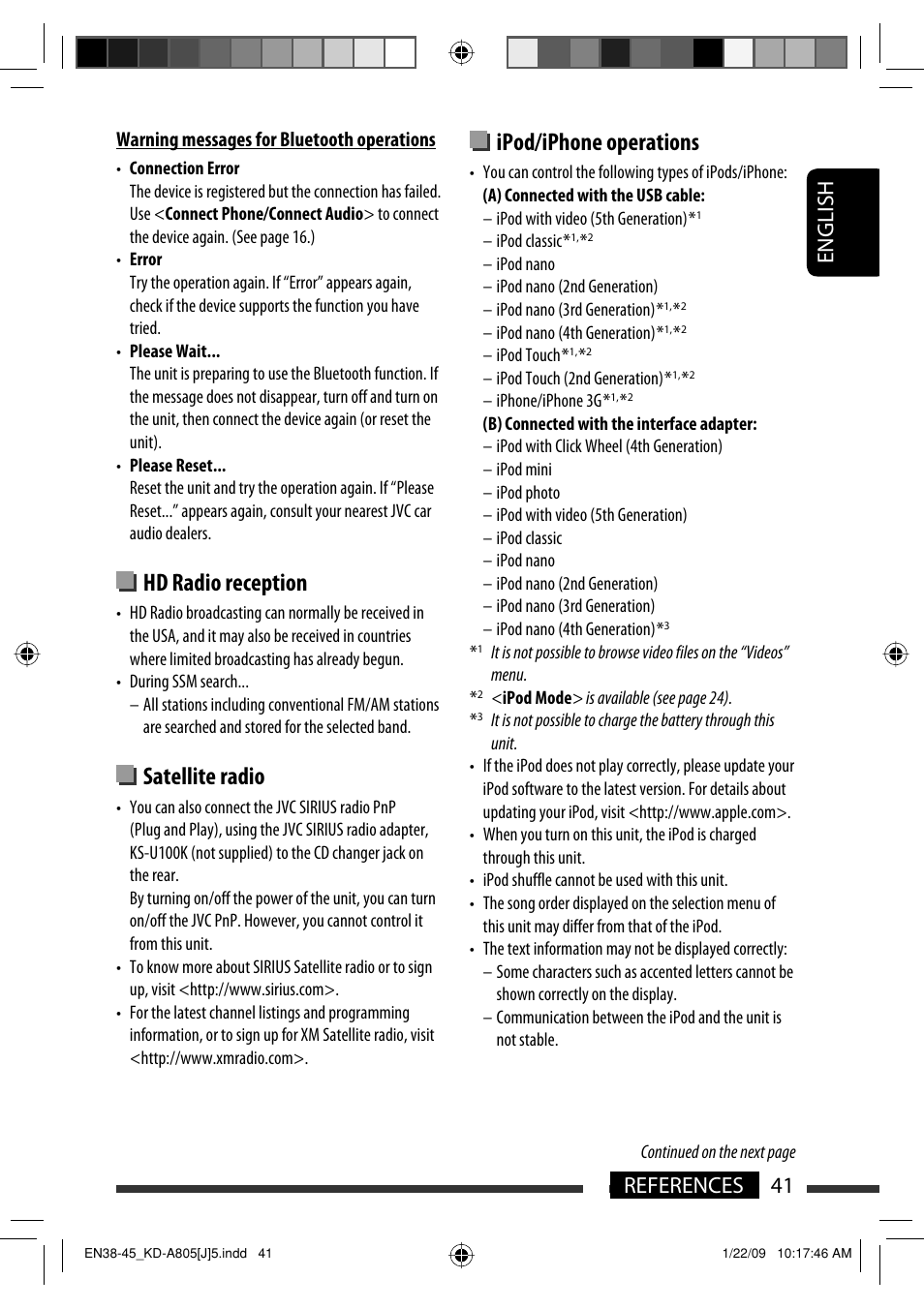 Hd radio reception, Satellite radio, Ipod/iphone operations | English 41 references | JVC CD Receiver KD-R800 User Manual | Page 41 / 151