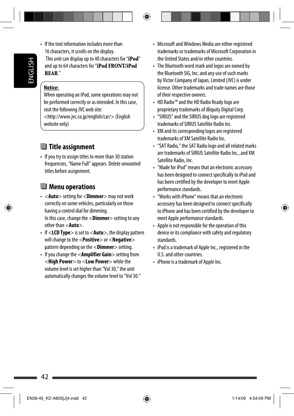 Title assignment, Menu operations, English 42 | JVC CD Receiver KD-R800 User Manual | Page 42 / 151