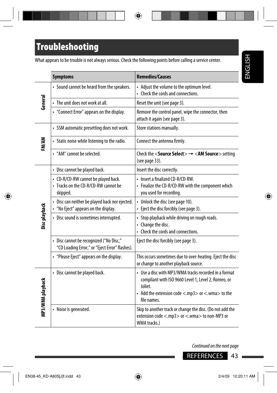 Troubleshooting, English 43 references | JVC CD Receiver KD-R800 User Manual | Page 43 / 151