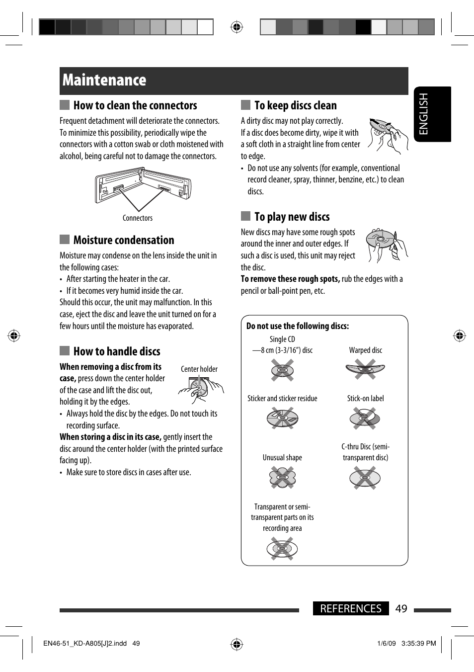 Maintenance, How to clean the connectors, Moisture condensation | How to handle discs, English 49 references | JVC CD Receiver KD-R800 User Manual | Page 49 / 151