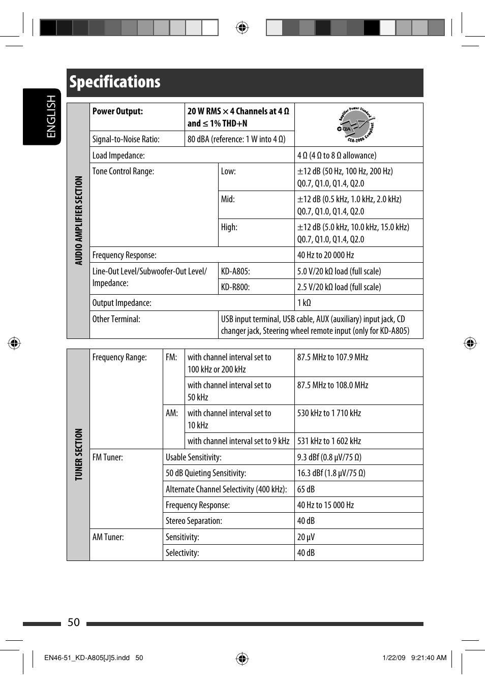 Specifications, English 50 | JVC CD Receiver KD-R800 User Manual | Page 50 / 151