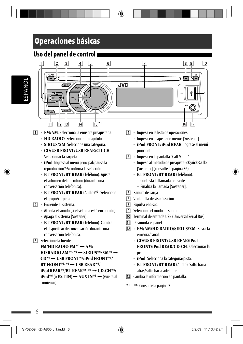 Operaciones básicas, Uso del panel de control, 6español | JVC CD Receiver KD-R800 User Manual | Page 56 / 151