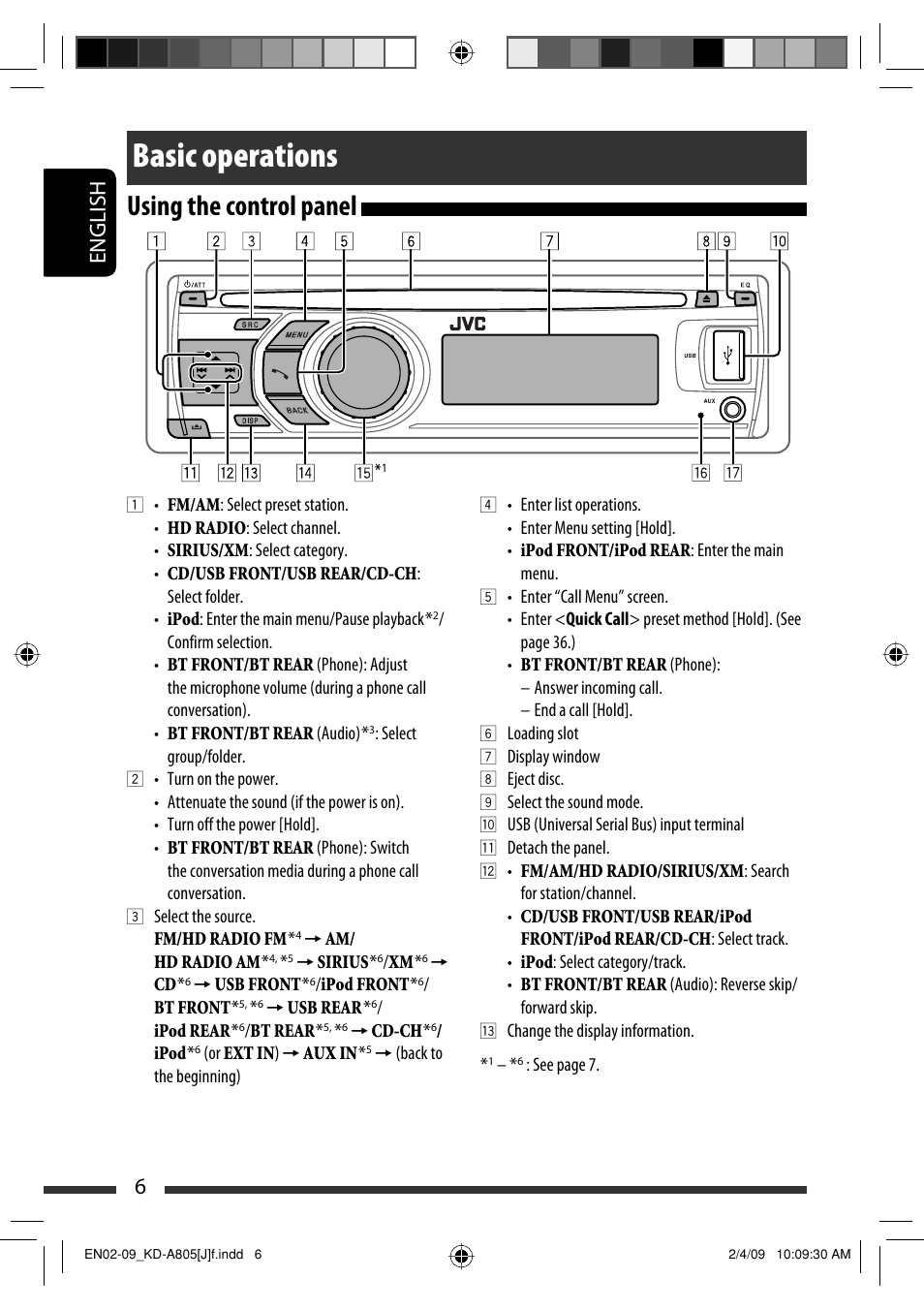 Basic operations, Using the control panel, English 6 | JVC CD Receiver KD-R800 User Manual | Page 6 / 151