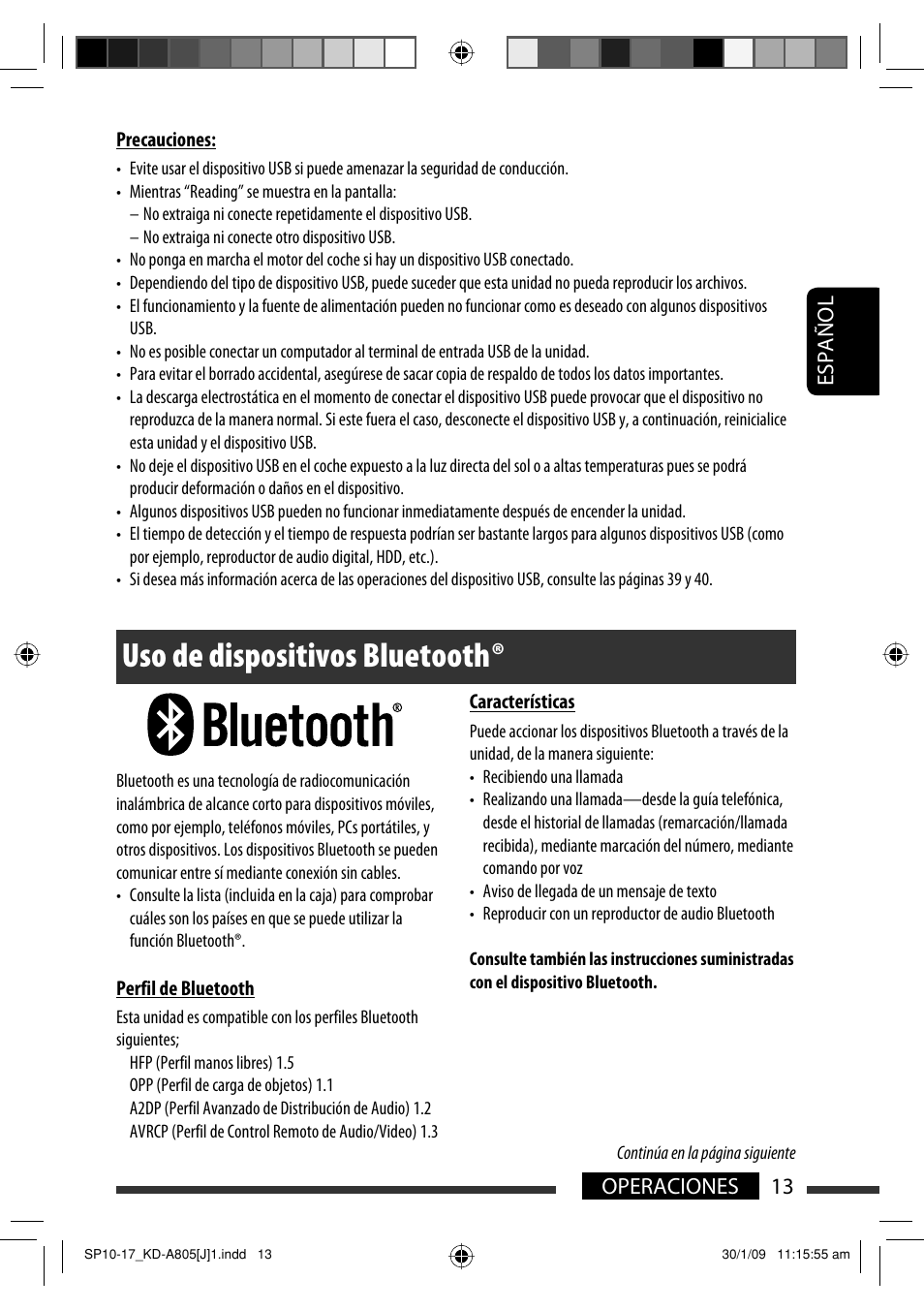 Uso de dispositivos bluetooth, 13 operaciones español | JVC CD Receiver KD-R800 User Manual | Page 63 / 151