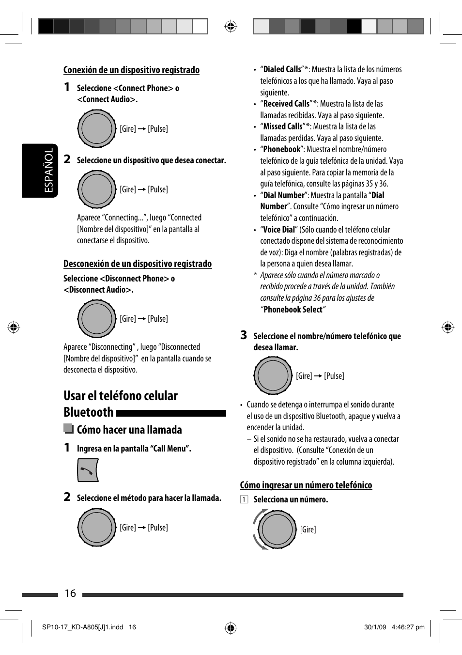 Usar el teléfono celular bluetooth, Cómo hacer una llamada, Español 16 | JVC CD Receiver KD-R800 User Manual | Page 66 / 151